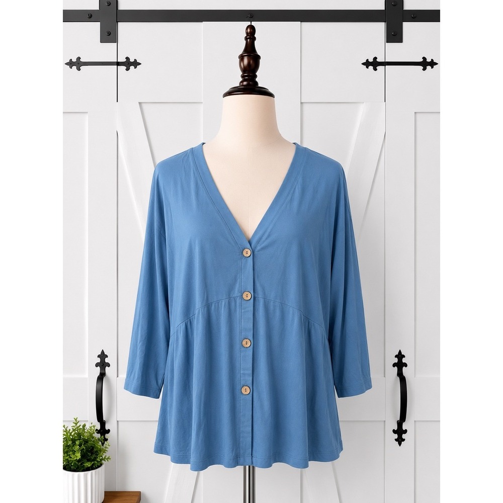 Susan Graver Lifestyle Spa Knit 3/4 Sleeve Button Front Size 3X Blue‎ A575904